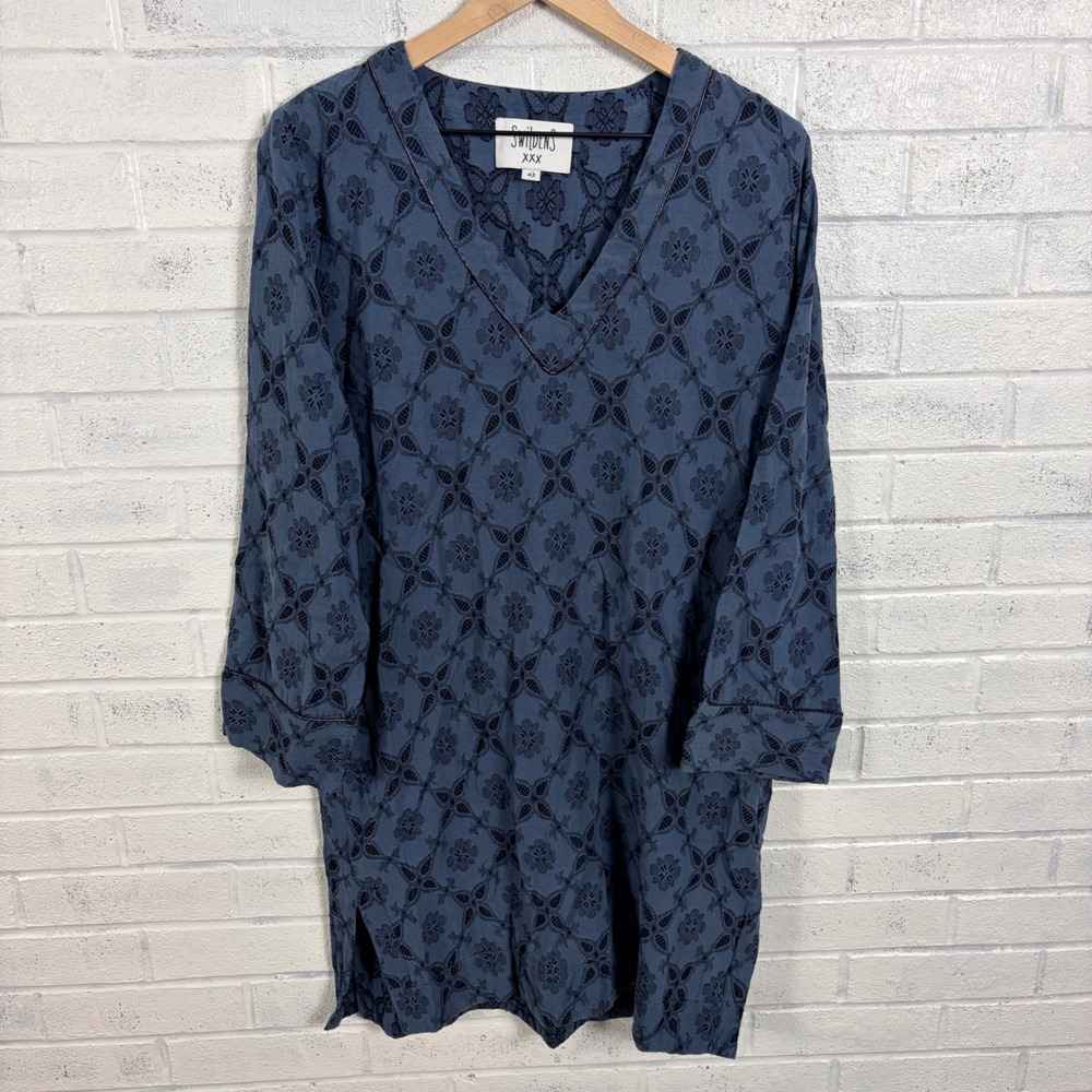 Swildens Shift Dress Womens 42 US 10 Blue Floral Eyelet V-Neck Cotton